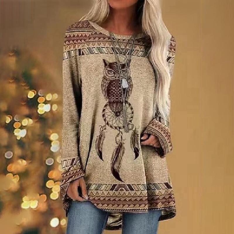 Этническая футболка с 3d принтом, женские модные футболки, повседневные топы с длинными рукавами, осенние свободные винтажные футболки с графическим принтом в стиле Харадзюку