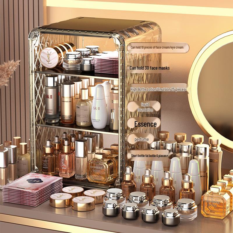 Настольный органайзер для косметики: Пыленепроницаемый, Большая вместимость, Прозрачное хранение для ухода за кожей, помады и масок.