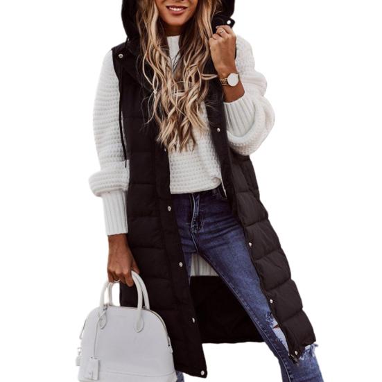 Women Vest Coat Padded Solid Color Sleeveless Hooded Drawstring Single-breasted Mid Length Slim Fit Zipper Hem Pockets