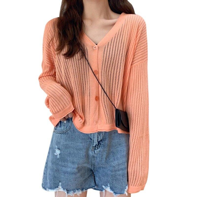 Женская футболка Футболки Liva Girl с v-образным вырезом Hollow All-Match Однобортный солнцезащитный кардиган Футболка Топы Vetements Femmes