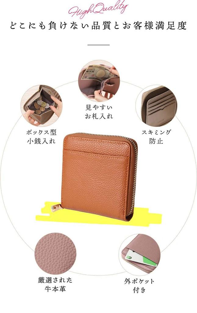 LASIEM Bifold Wallet Bifold Wallet Genuine Leather Mini Wallet Compact Leather Large Capacity Box Type Box Type Round Zipper Women's "Anti-Skimming"