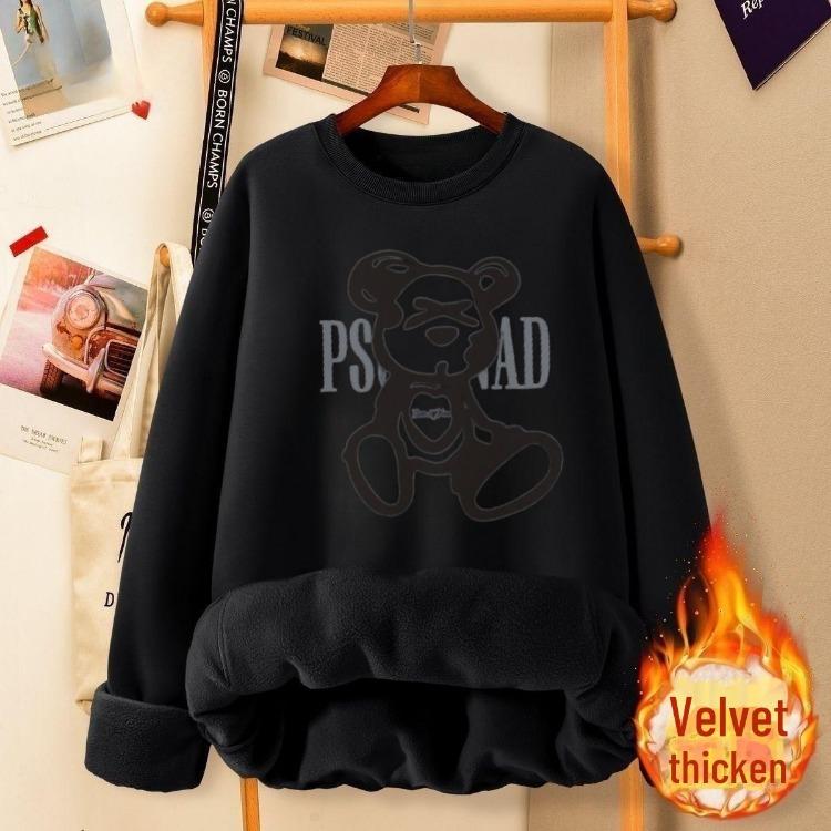 2024 Autumn Winter Women Fashionable Velvet Thickened Cartoon Print Loose Fit Round Neck Sweatshirt Top