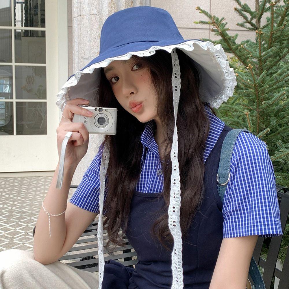 Sweet Cowboy Fisherman Hat French Style Women's Sun Hat Sunscreen Lace Ribbon Hat Girls