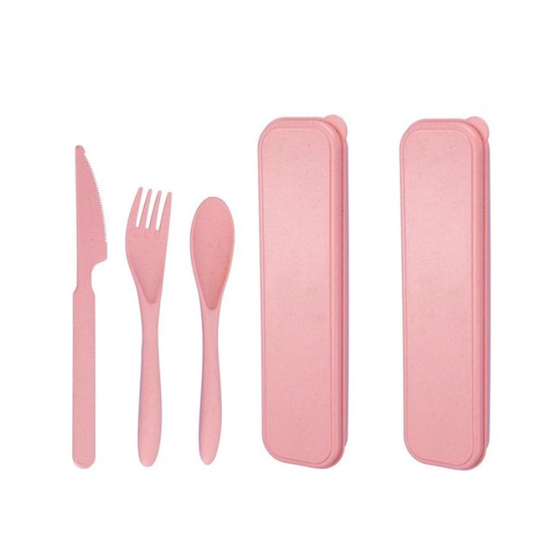 2 шт. Розовый Портативный Набор Посуды из Пшеничной Соломы Набор из Трех Предметов Вилки Ложки Ножи Дорожная Посуда Походные Столовые Приборы
