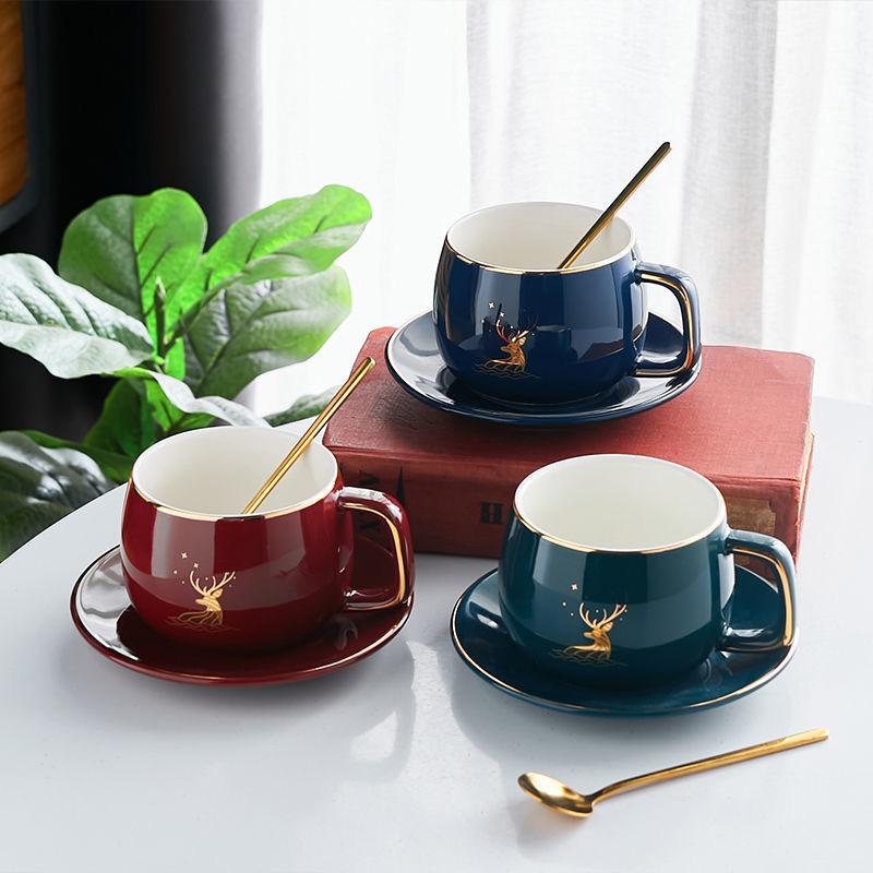Кофейная чашка и тарелка с золотой росписью в скандинавском стиле, набор из двух предметов, керамическая чашка с оленем, чашка для воды, чашка для послеобеденного чая, молока