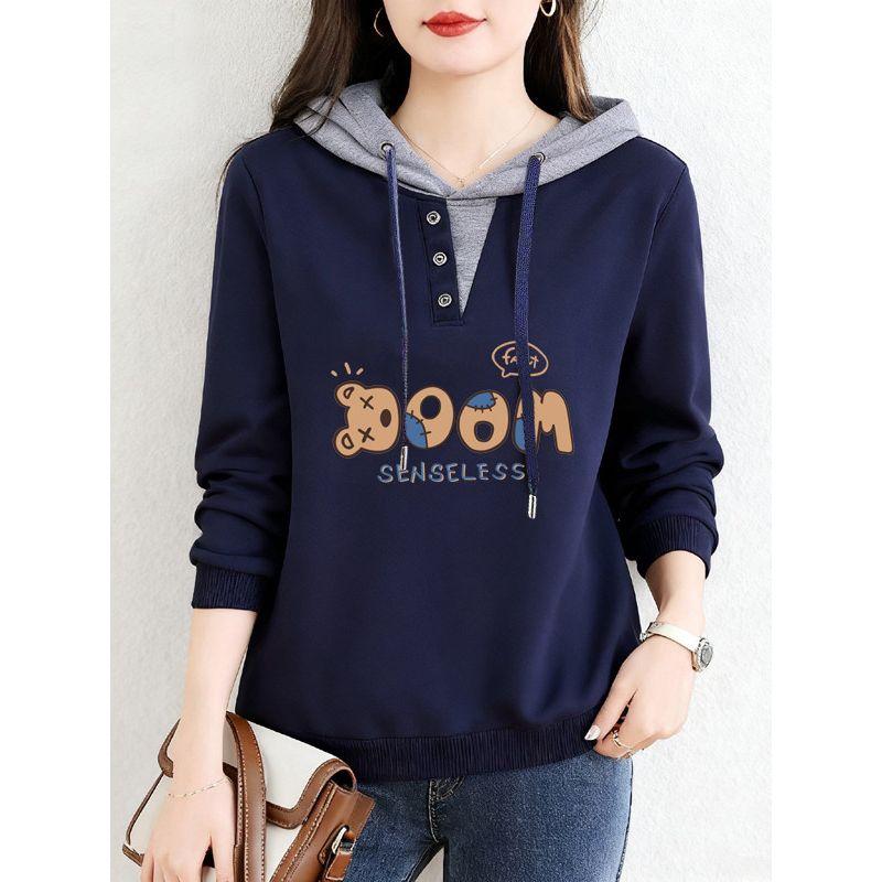 Sale for Foreign Trade Export: 100% Pure Cotton Long-Sleeve Stylish Hooded T-Shirt for Women, Autumn, Plus Size, Casual Base Shirt, Trendy Top