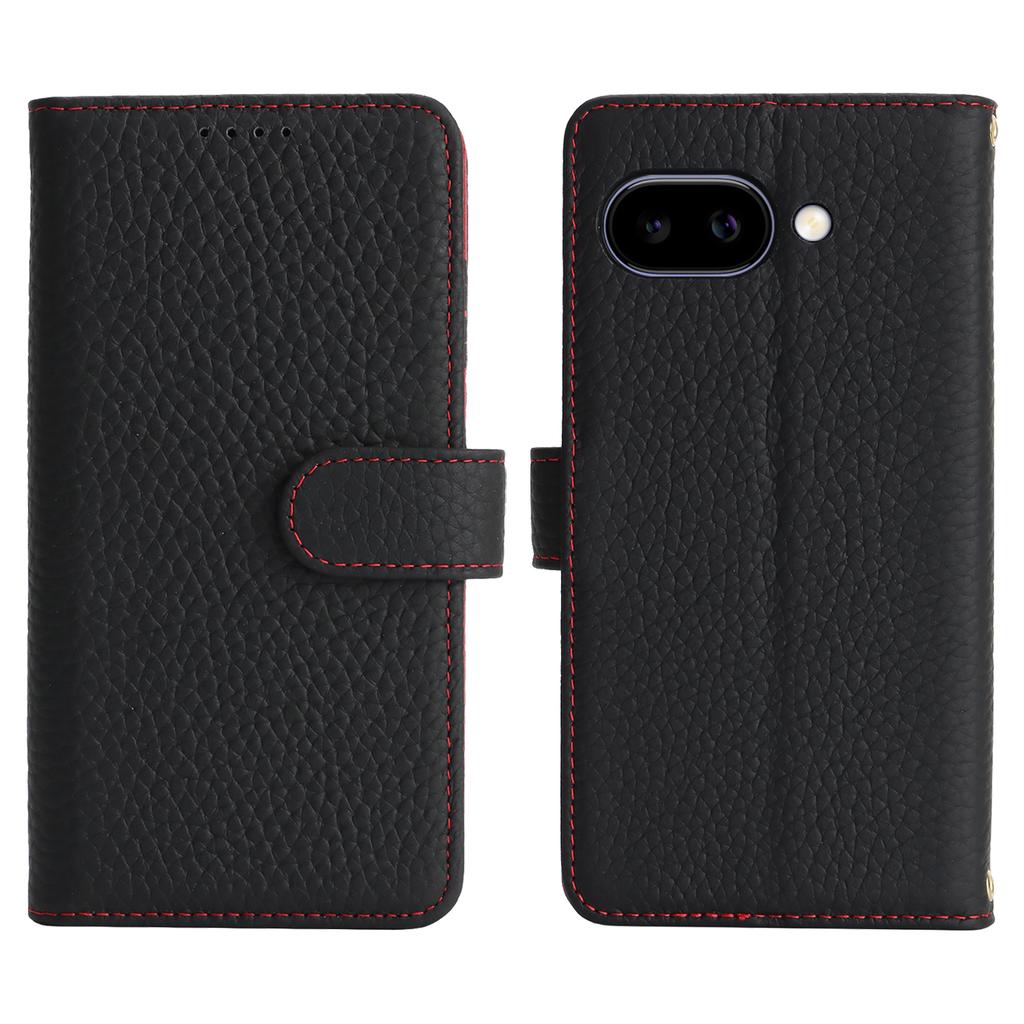 For Google Pixel 9a Stand Case Litchi Texture Genuine Cow Leather Wallet Phone Cover RFID Blocking