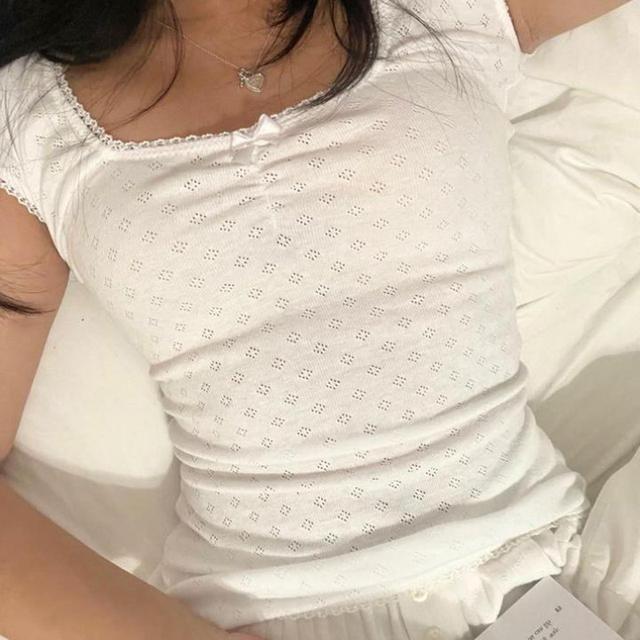Корейские ретро-топы Y2K, кавайные футболки Fairycore с люверсами, кружевной отделкой, квадратным воротником, короткими рукавами, белые футболки