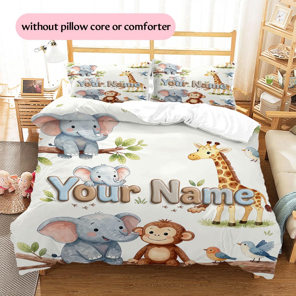 Custom Name,Cute Safari Animal Series Pattern Bedding Home Decoration Birthday Gift ( 1 duvet cover + 2 pillowcase, without core),fan merchandise.
