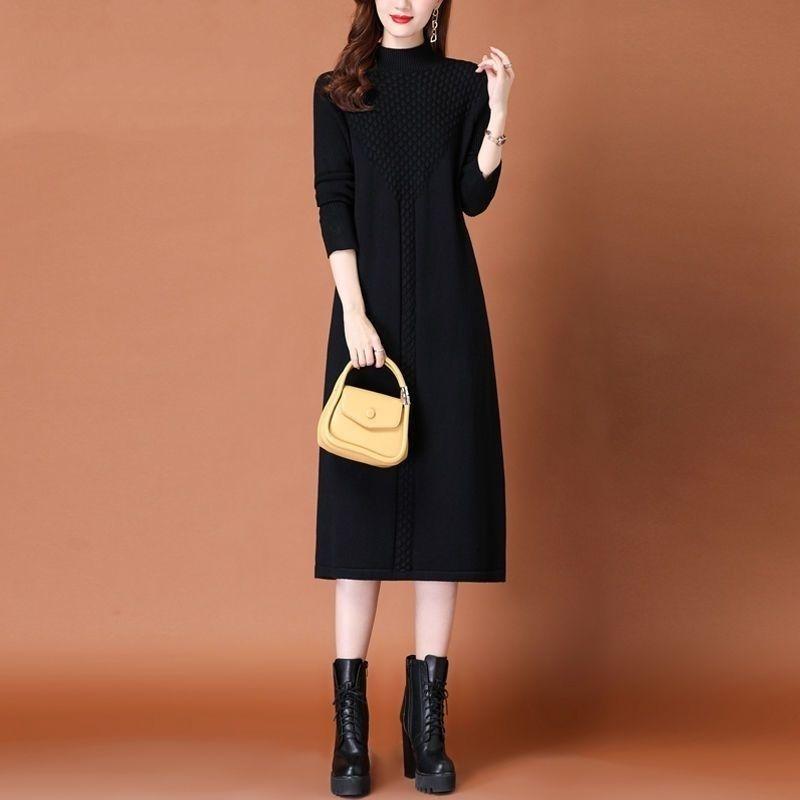 Длинный свитер Женское платье длиной до колена Осенне-зимнее платье Женский вязаный свитер свободного кроя Пуловер