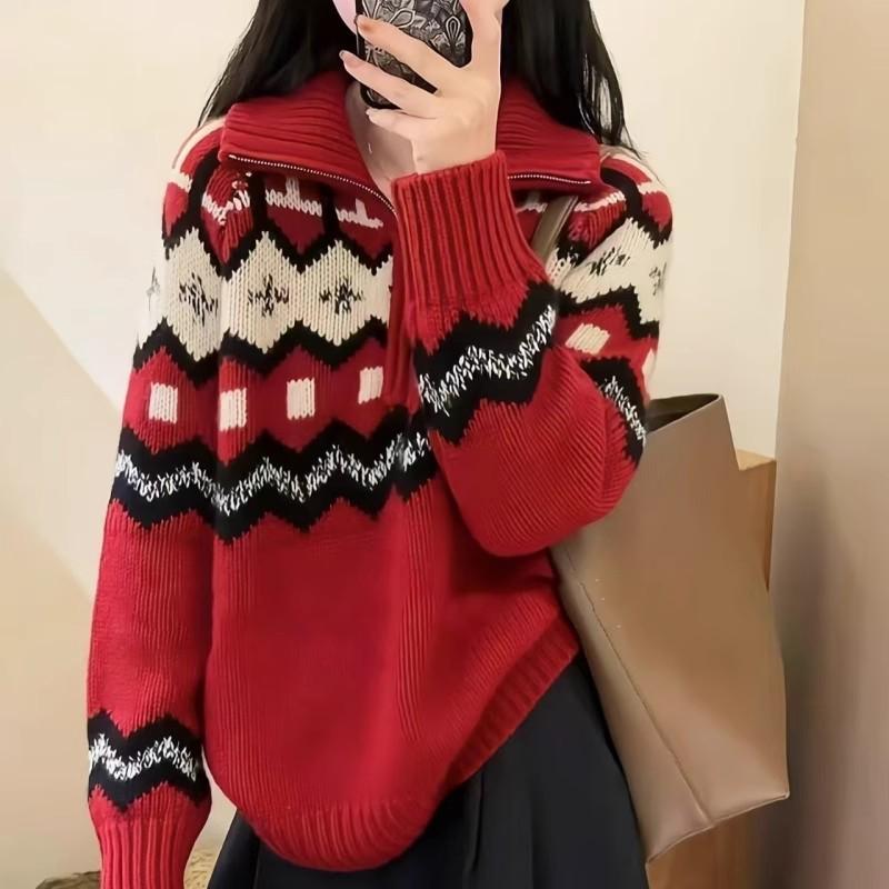 Retro Fair Isle Wool Cashmere Half-Zip Sweater - High Neck, Thickened Knit, Red Women's Christmas Top