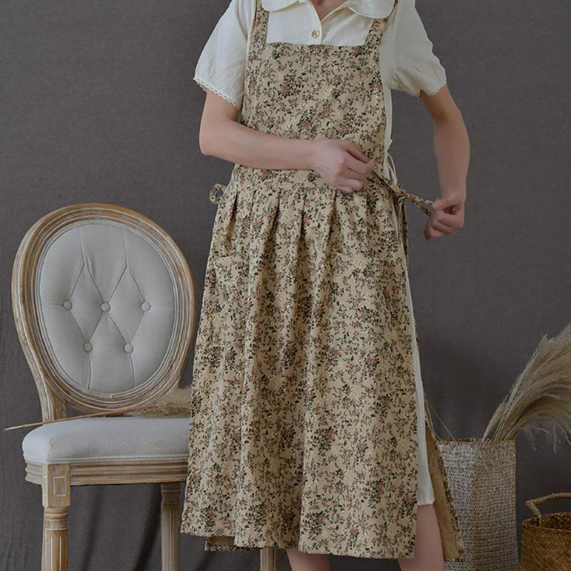 Платье Фартук Хлопок Водонепроницаемый Садовый Принт Цветочный Фартук Регулируемый Кухонный Рабочий Нагрудник Фартуки Для Кофейни