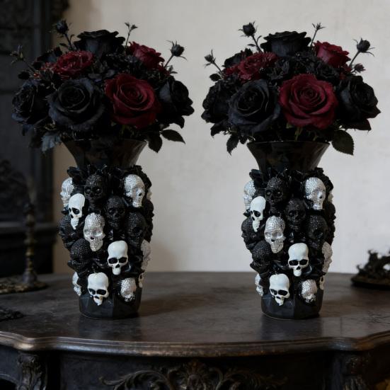 Gothic Skull Flower Vase Ornament Spooky Black White Skull Dried Artificial Flower Holder Resin Container Home Office Table Centerpiece Decoration