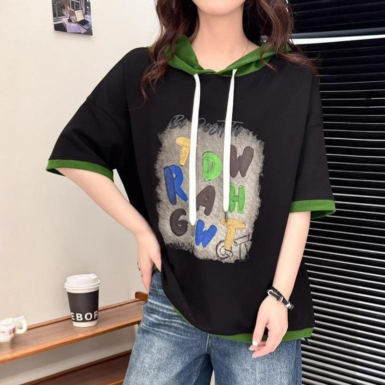 Dimanaf 2025 Летняя футболка женская с капюшоном и принтом букв, свободная, с коротким рукавом, белая, черная