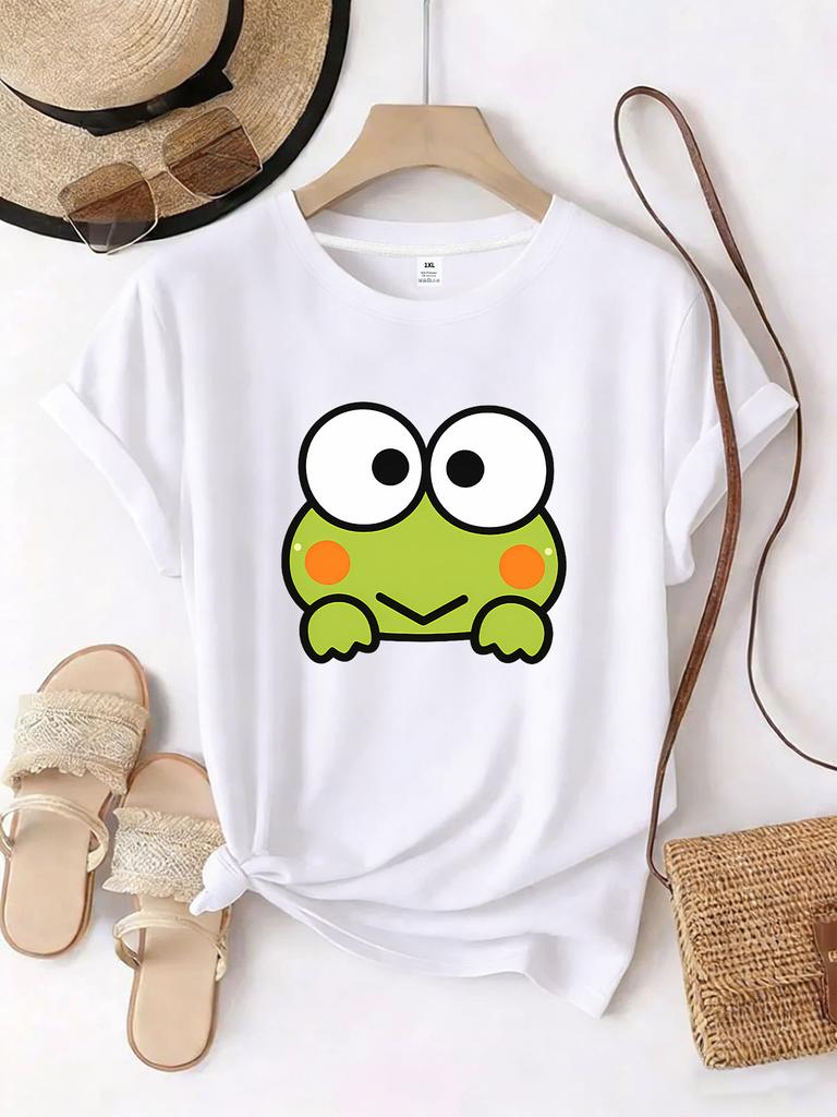 Wzm10655cute Frog Pattern Printed Plus Size Unisexs Round Neck Tee Summer Casual Short Sleeved Top Street Fashion Versatile