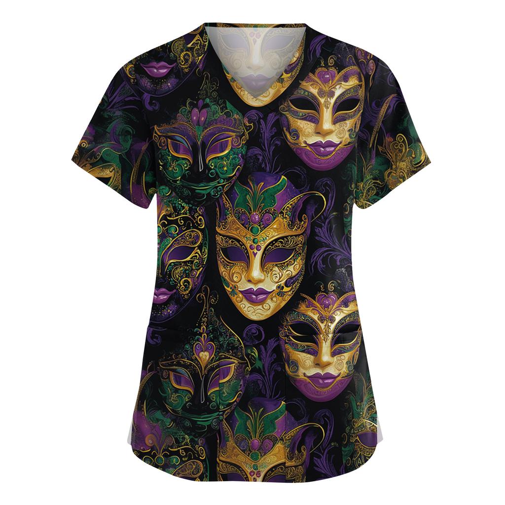 Женская мода V-образный вырез короткий рукав комбинезон с карманами принт топы одежда