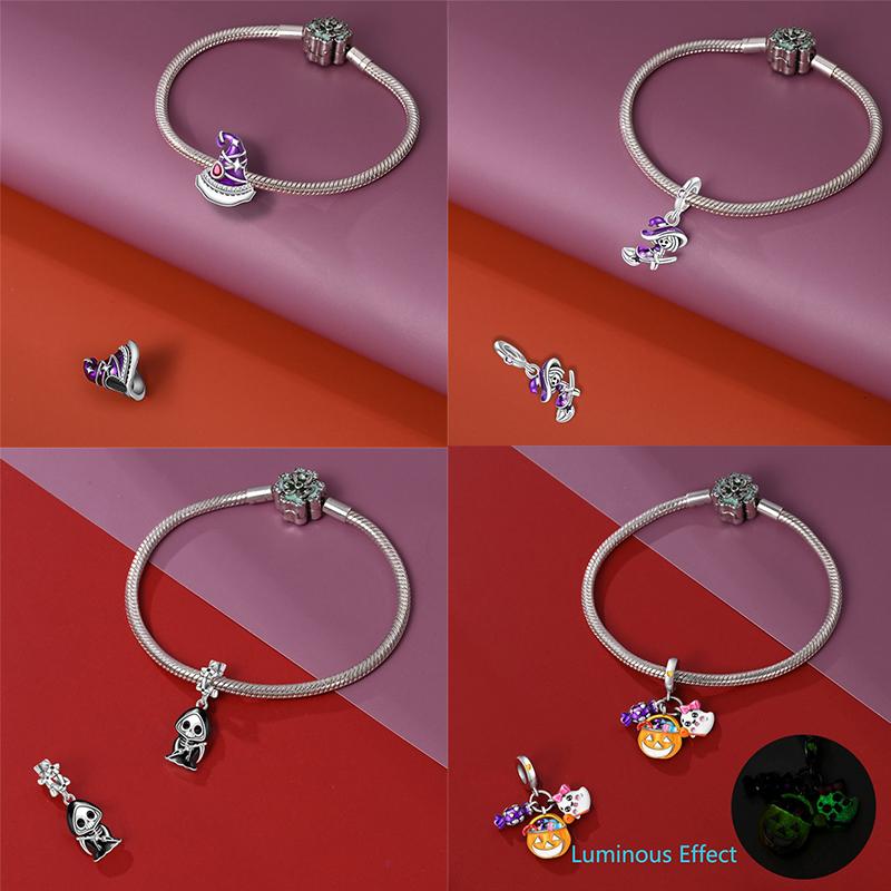 Halloween Charms Bead Copper Luminous Pumpkin Ghost Dangle Fit Bangle Bracelet Necklace Diy Jewelry