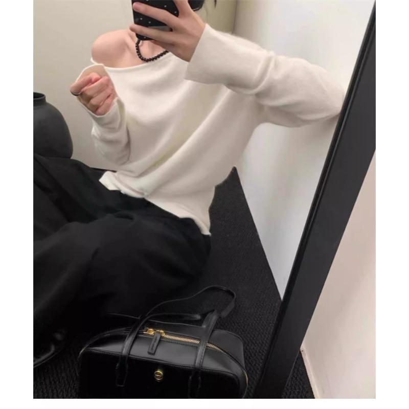 Элегантный Свободный Вязаный Пуловер с Покатым Плечом в Полоску Повседневный Нежный Осенний Женский Модный Топ с Длинным Рукавом Свободный Повседневный Офисный Тонкий