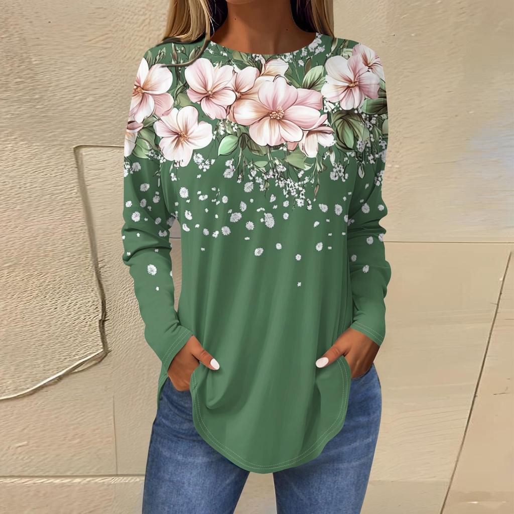 Женская свободная футболка с длинным рукавом с круглым вырезом и принтом, верхний пуловер