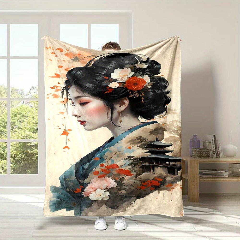 Elegant Japanese geisha pattern Flannel printed blanket suitable for all seasons suitable for living room office sofa and travel
