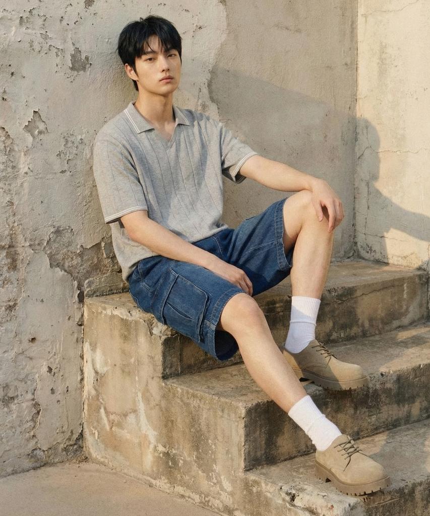 AGOD Bermuda Wide Single-Pleat Cargo Denim Shorts [Indigo]