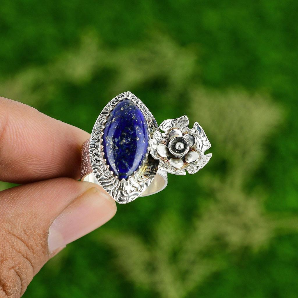 Natural Lapis Lazuli Multi Stone Flower Ring Size 7 925 Silver For Girls