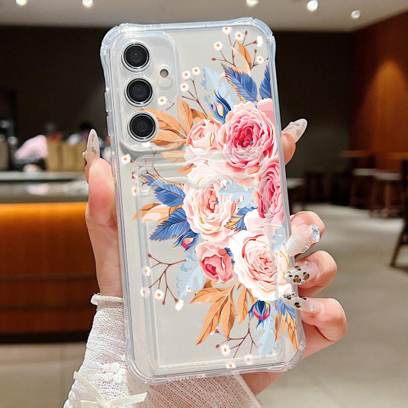 Роскошный узор из роз, мягкий силиконовый чехол для телефона Samsung S24 FE S23 S22 Ultra A16 A15 A55 A35 A54 A34, противоударный прозрачный чехол-бампер со слотом для карт