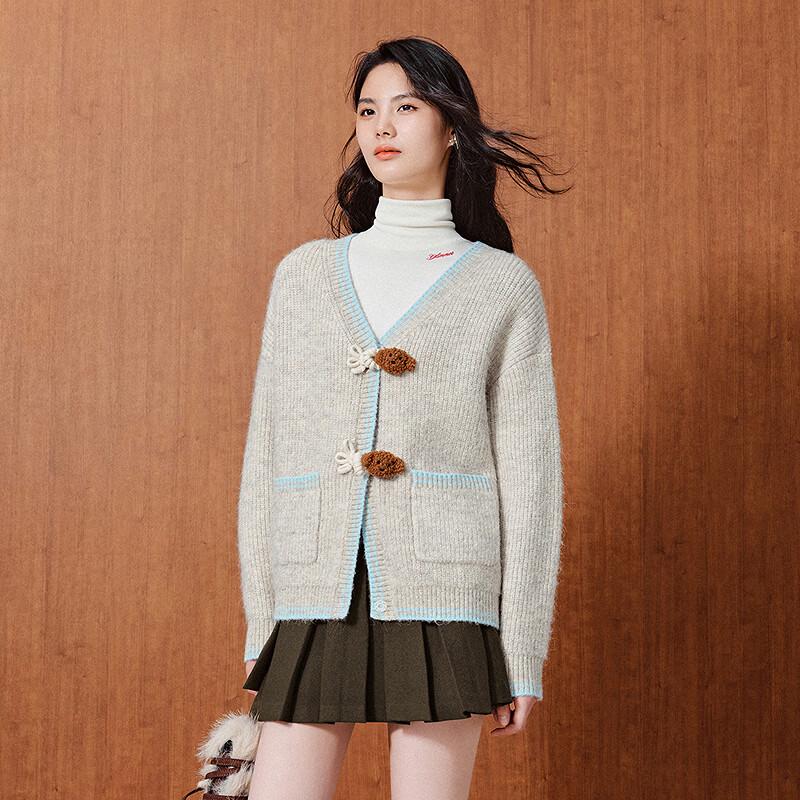 LEDIN Contrast Color V-Neck Knit Cardigan with Cute Puppy Buttons
