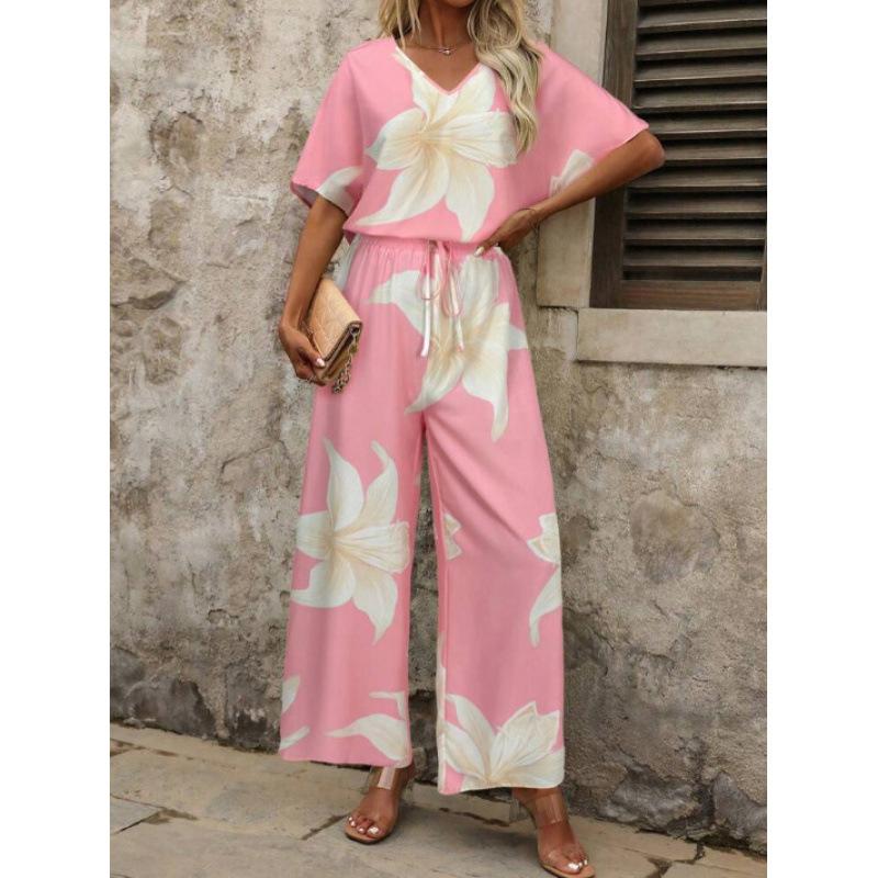 1116 Summer European and American suit printed V-neck bat sleeve top long pants fashion source