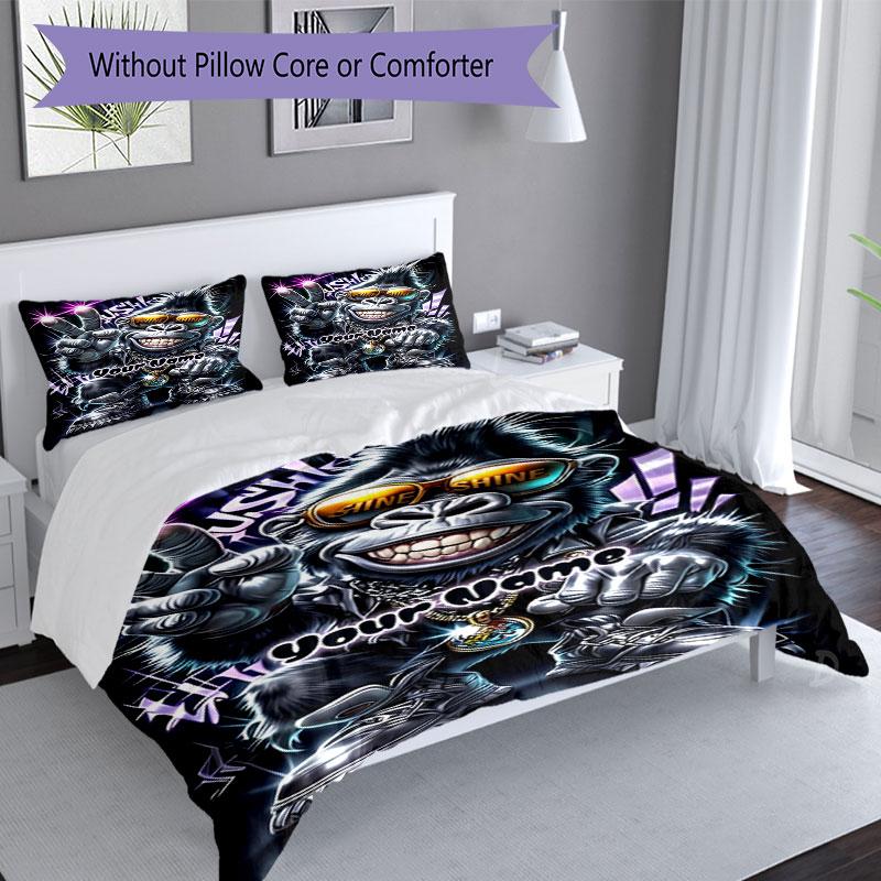 3pcs Custom Name Monkey Power Style Bedding Set Printed Bedding Set Duvet Cover Closure Includes 1 Duvet Cover & 2 Pillowcases Bedroom Decor