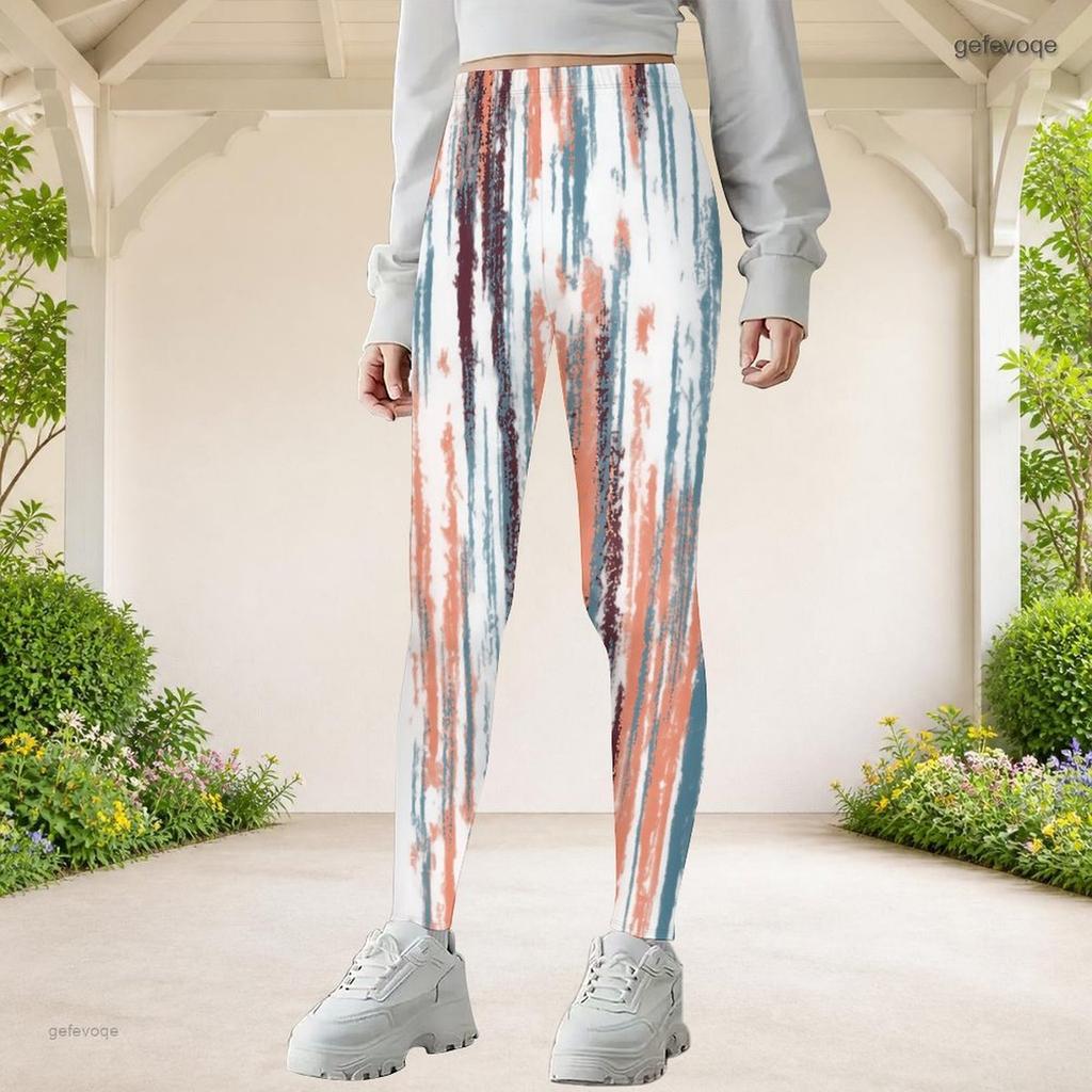 Girls Full Length Stretch Fitted Printed Yoga Leggings Peach And Gray Streaky