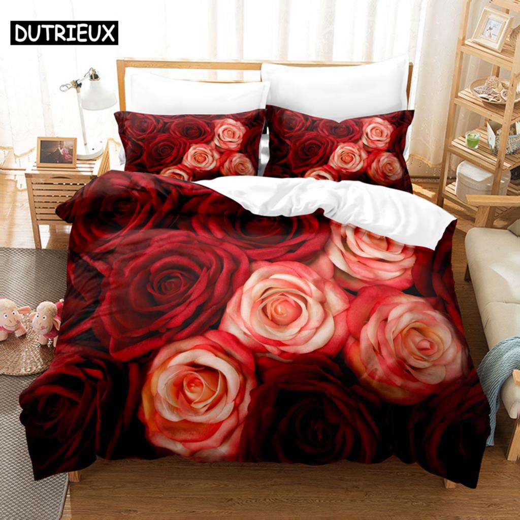 3D Принт Красной Розы - 3 предмета Комплект Пододеяльников, Доступен в размерах Кинг, Квин, Двуспальный, Односпальный и Двойной