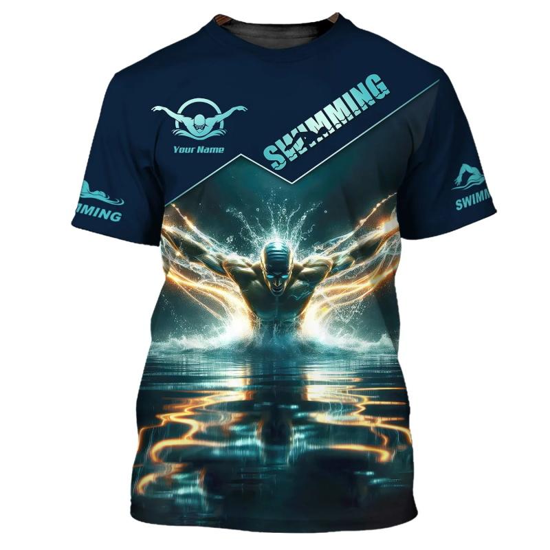 Футболка с графическим принтом для плавания с именем на заказ для мужчин, 3D-принт, короткий рукав, круглый вырез, одежда, подарок для любителей плавания
