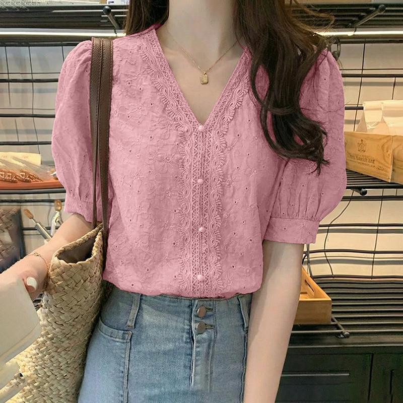 Lace Women Zanzea Vneck Casual Crochet Patchwork Loose Short Sleeve Blouse