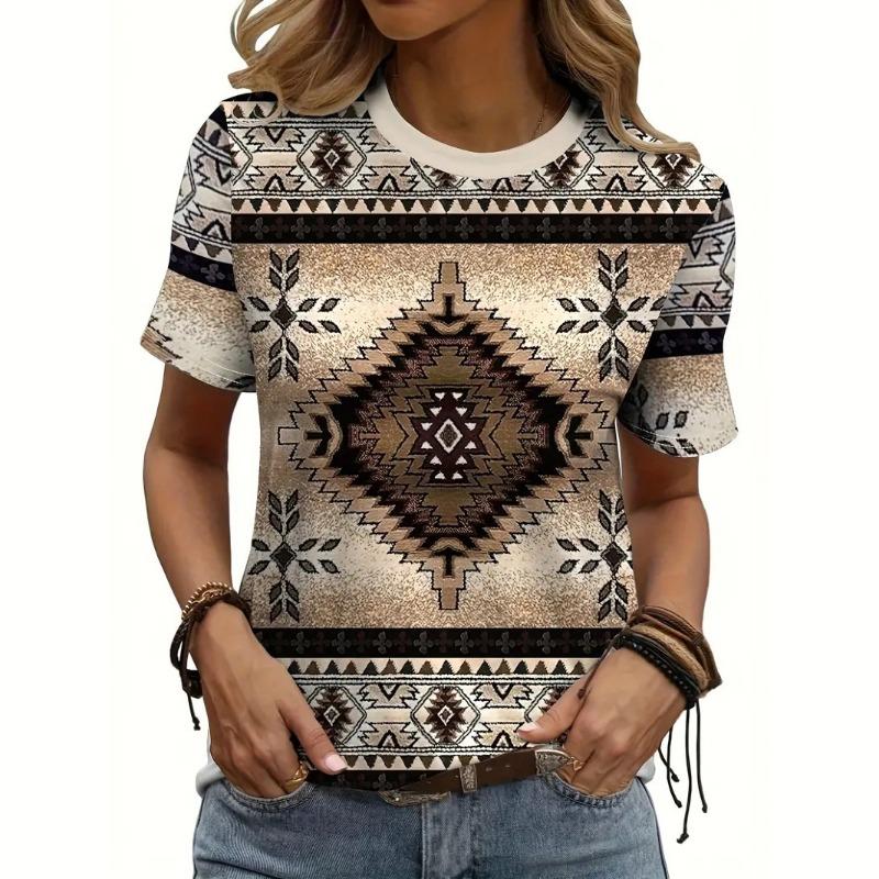 Vintage T Shirt For Women Ethnic Print Crew Neck T-Shirt Summer Casual Short Sleeve Tee Streetshirt Female Oversized Clothing