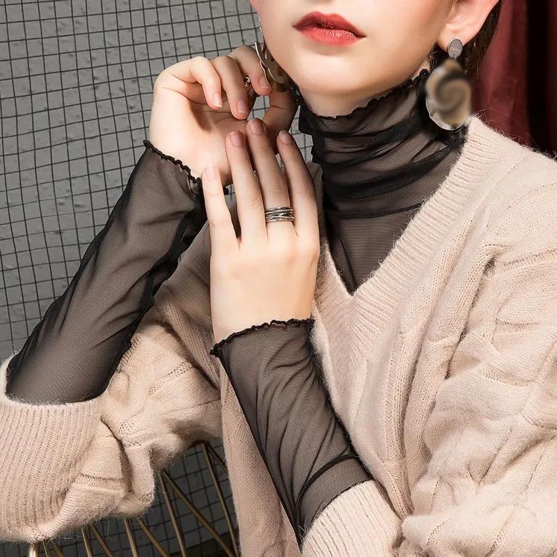 Sexy Women T Shirt See Through Transparent Tops Long Sleeve Sheer Slim Ladies Turtleneck T-Shirt New Arrival Women Pullover