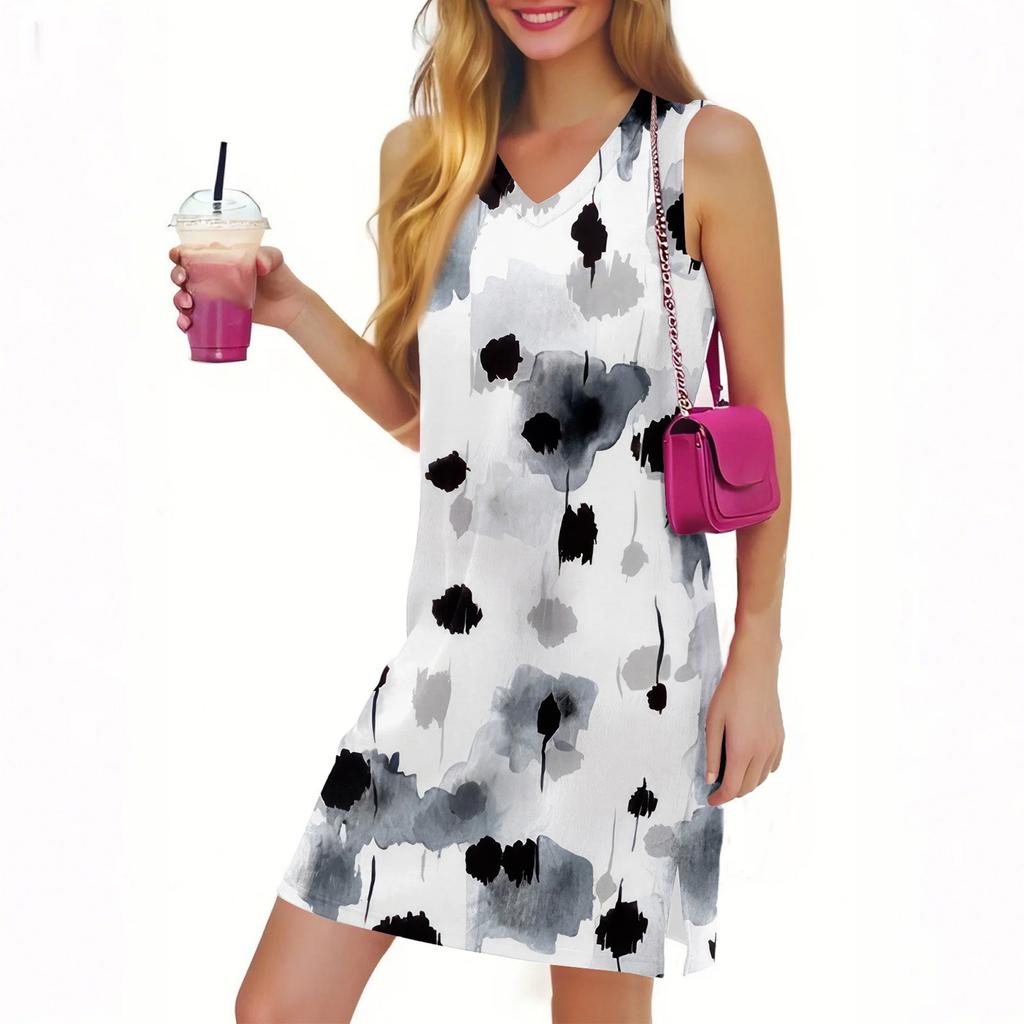 V-образный вырез Летнее повседневное пляжное платье для женщин Отдых Женский сарафан без рукавов с разрезом