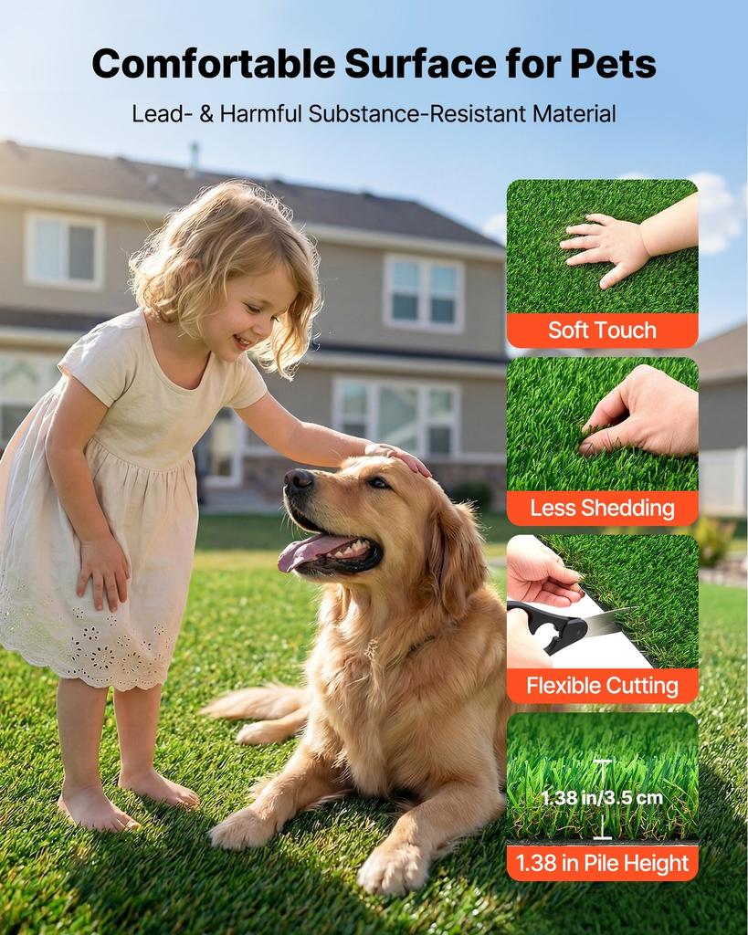 Artificial Grass, 457.2 x 213.36 cm Fake Grass Turf Rug, 3.5 cm Pile Height Realistic Synthetic Lawn Carpet Roll Mat, Easy Clean Drainage Holes for