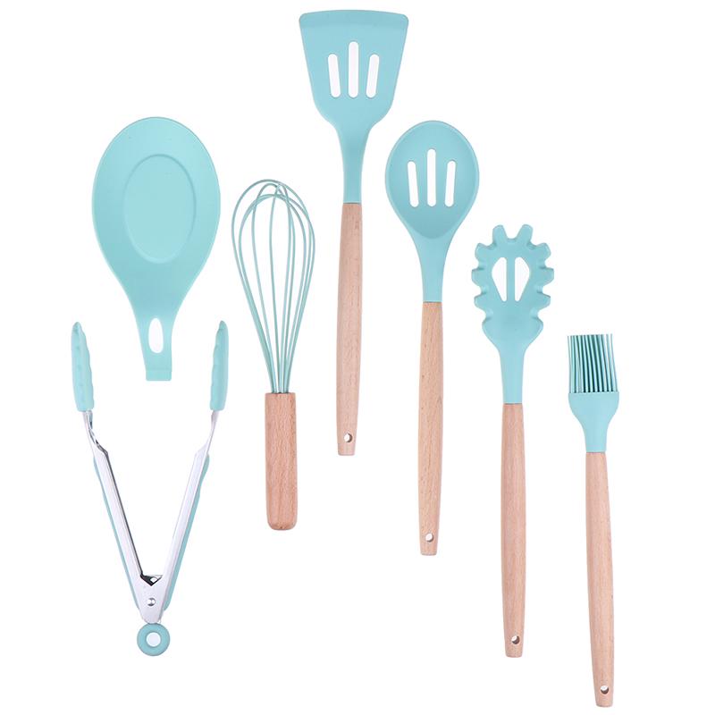 Силиконовый набор кухонных принадлежностей для приготовления пищи с бамбуковыми деревянными ручками