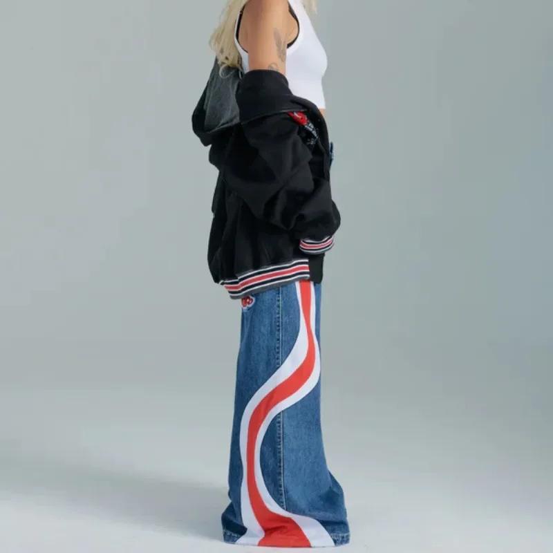Американские винтажные джинсы с высокой талией Y2K, свободные лоскутные джинсовые брюки, широкие брюки, уличная одежда