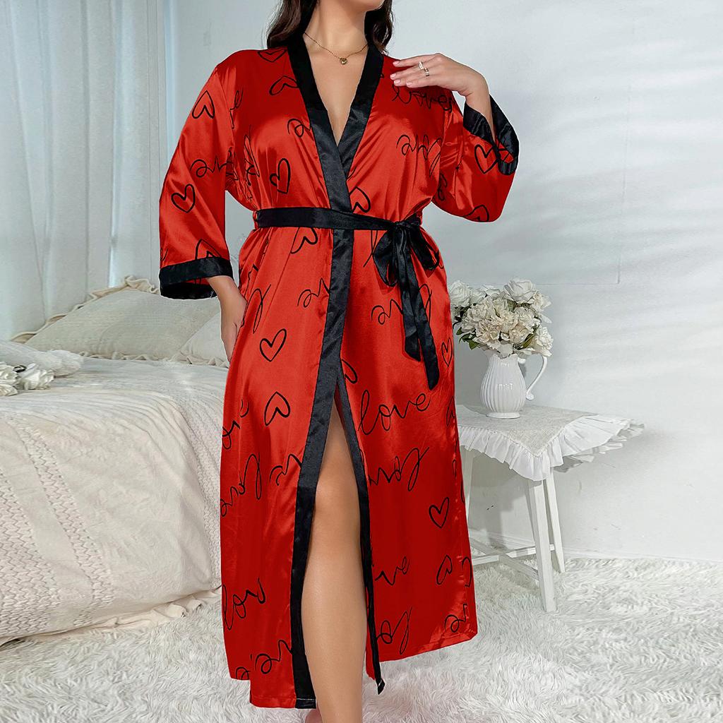 Plus Size Nightgown Fashion Casual Loose Printed Long Simulation Silk Sexy Sleeping Robe