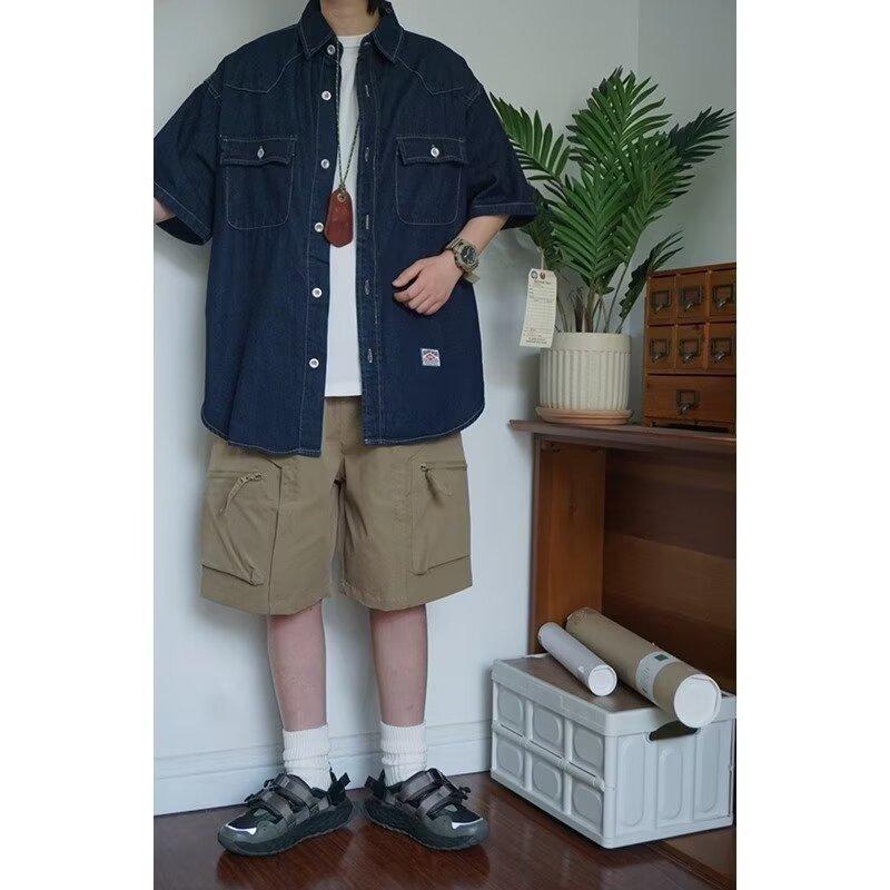 Японский ретро модный бренд летняя свободная джинсовая рубашка с короткими рукавами художественная молодежная рабочая рубашка мужская и женская многослойная куртка