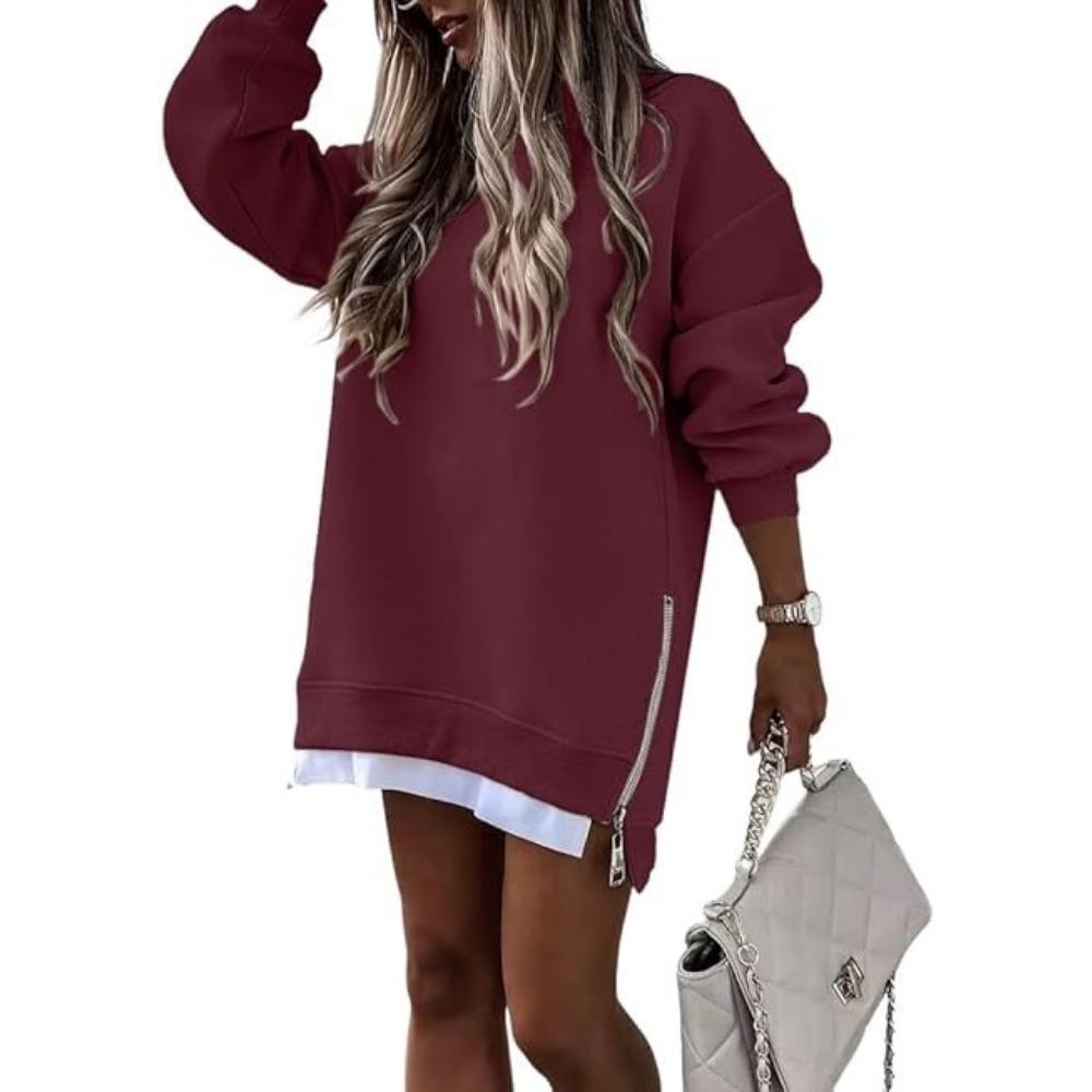 Autumn and Winter Women's Fashion Splicing Side Zip Design Pullover Sweatshirt