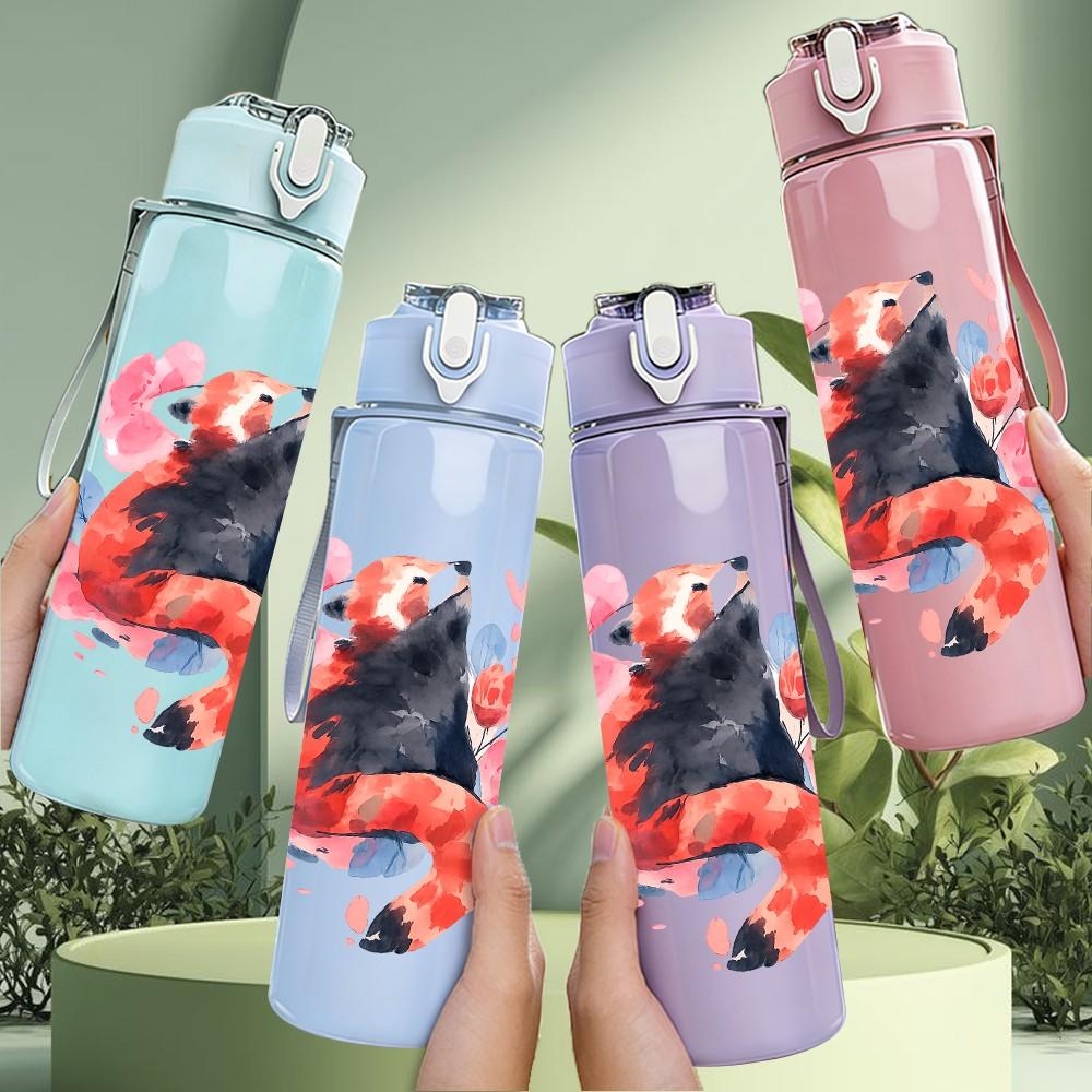 1PC Watercolor Fox Art 750ml Color Plastic Sports Water Bottle Leakproof Flip Straw Lid Suitable for Sports Office Home Use