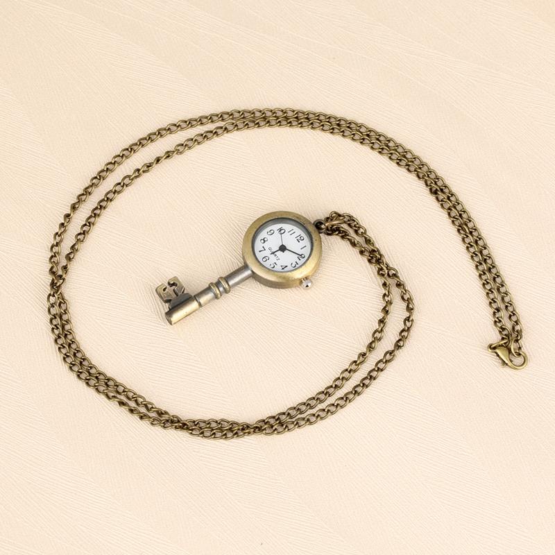 Antique Bronze Cute Lovely Vintage Key Shape Quartz Pocket Watch Buckle Necklace Gift Wall Chart FOB Pendant Clock Collectibles
