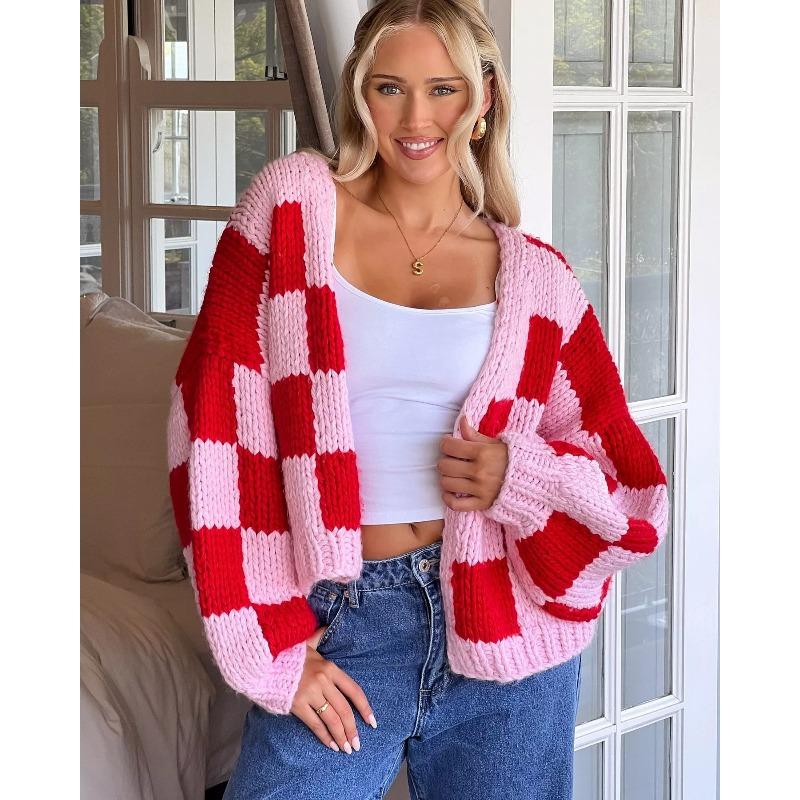Autumn and Winter New Casual Loose Checkered Contrasting Coarse Needle Cardigan Cute Knitted Sweater Jacket for Women