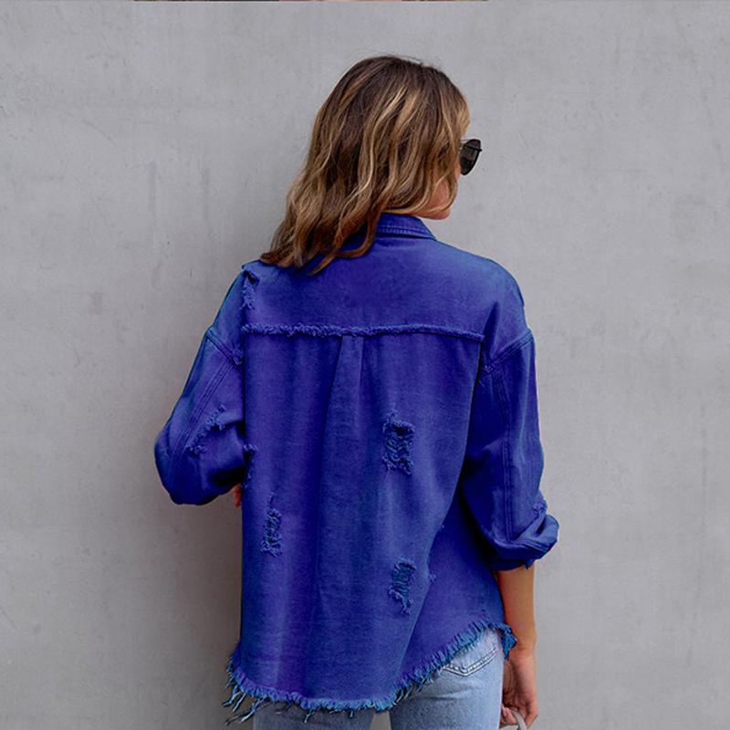 Женская джинсовая куртка средней длины с необработанными краями и отверстиями, осенне-зимняя, повседневная, с длинными рукавами и лацканами