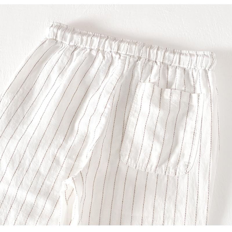 Летние хлопковые льняные мужские брюки, узкие брюки с эластичной талией и завязками на шнурке, повседневные дышащие модные полосатые мужские брюки