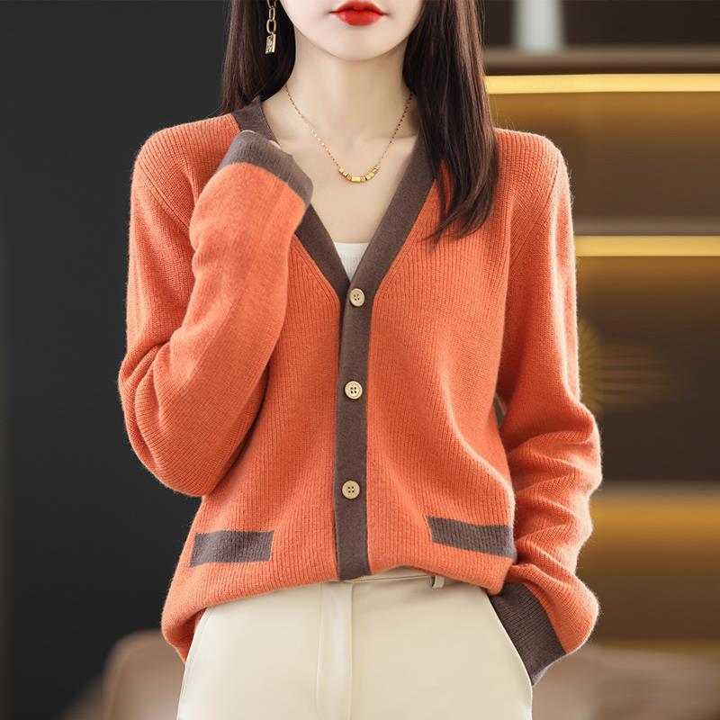 Весенне-осенний свитер с V-образным вырезом, женский вязаный кардиган с цветными блоками, свободные топы, женская куртка, удобная, универсальная и модная