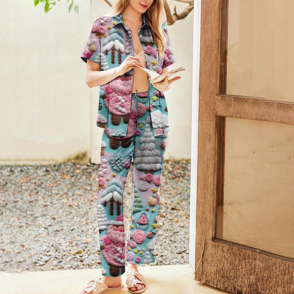 Женский рождественский пижамный комплект с принтом, женские короткие рукава, длинные брюки, комплект из двух предметов, застегивающийся на пуговицы, домашняя одежда